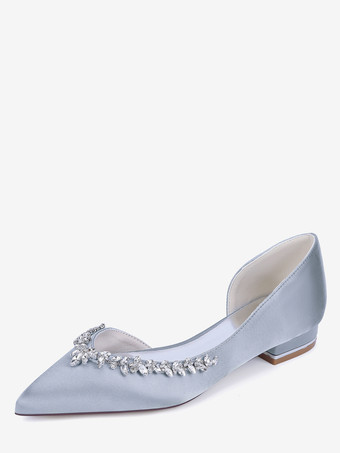 シルバー アイボリー フラット ウェディング シューズ サテン ポインテッド トゥ ラインストーン ブライダル シューズ