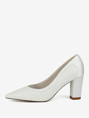 レースのウェディングシューズ ポインテッドトゥ チャンキーヒール ブライダルシューズ