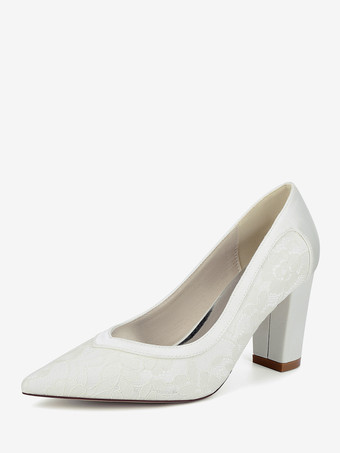 アイボリー レースのウェディングシューズ ポインテッドトゥ チャンキーヒール ブライダルシューズ