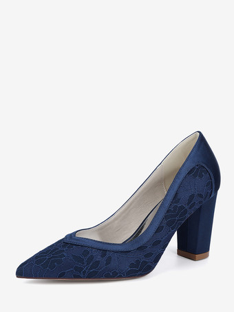 ディープブルーレースのウェディングシューズ ポインテッドトゥ チャンキーヒール ブライダルシューズ