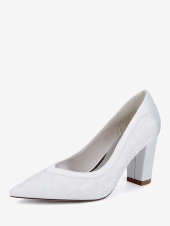 ホワイト レースのウェディングシューズ ポインテッドトゥ チャンキーヒール ブライダルシューズ