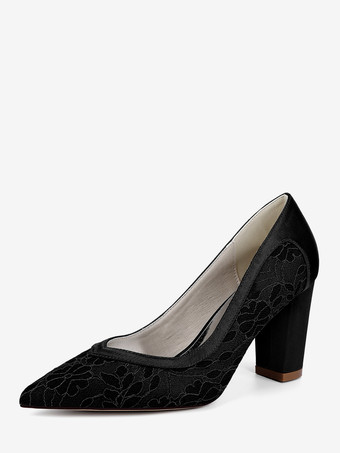 ブラック レースのウェディングシューズ ポインテッドトゥ チャンキーヒール ブライダルシューズ