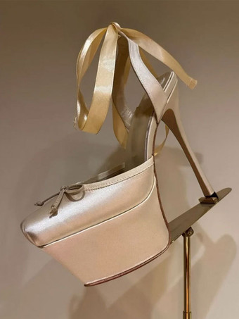 肌色レディース ハイヒール サテン プラットフォーム ボウ レースアップ パーティーシューズ 2025