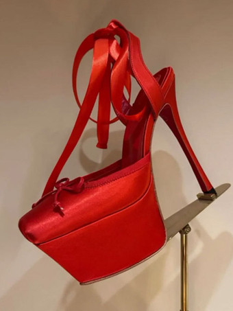 レッド レディース ハイヒール サテン プラットフォーム ボウ レースアップ パーティーシューズ 2025