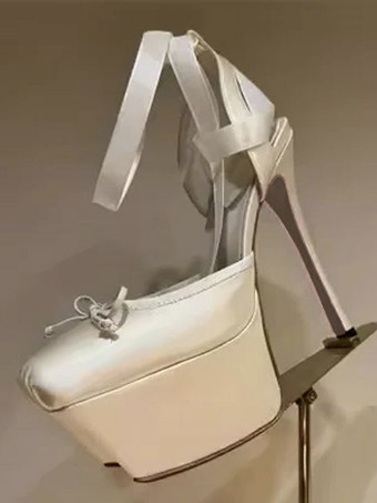 ライト アプリコットレディース ハイヒール サテン プラットフォーム ボウ レースアップ パーティーシューズ 2025