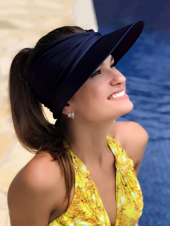 ダークネイビーサンバイザーハット つば広 夏 UPF 50 UV 保護 伸縮性 中空キャップ レディース 2025