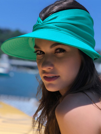 アクアグリーンサンバイザーハット つば広 夏 UPF 50 UV 保護 伸縮性 中空キャップ レディース 2025