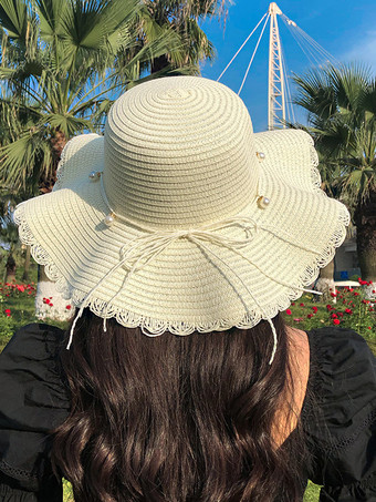 ホワイト サマーウェーブ つば広麦わら帽子 日焼け防止 ビーチサンハット 女性用 2025