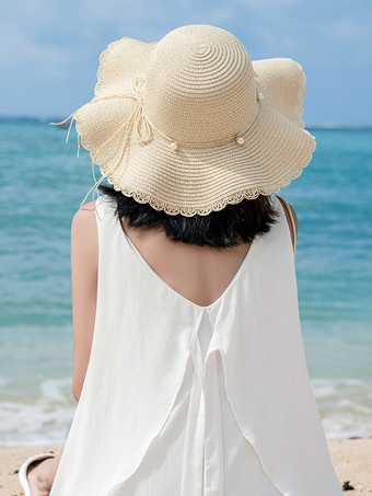アイボリー サマーウェーブ つば広麦わら帽子 日焼け防止 ビーチサンハット 女性用 2025