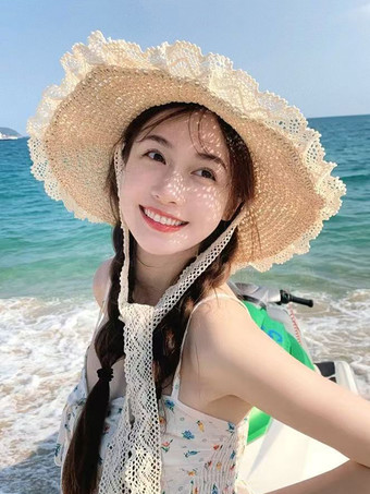 レーストリム付き女性用夏用麦わら帽子 中空日焼け防止ビーチハット 2025