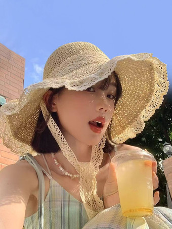 レーストリム付き女性用夏用麦わら帽子 中空日焼け防止ビーチハット 2025