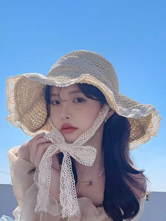 アイボリー レーストリム付き女性用夏用麦わら帽子 中空日焼け防止ビーチハット 2025