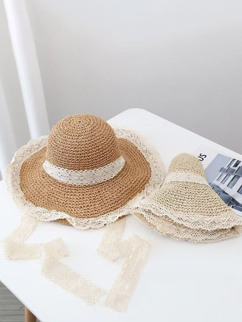 レーストリム付き女性用夏用麦わら帽子 中空日焼け防止ビーチハット 2025