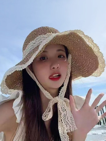 カーキ レーストリム付き女性用夏用麦わら帽子 中空日焼け防止ビーチハット 2025
