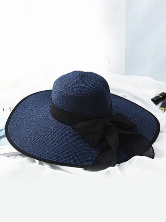ダークネイビー夏用麦わら帽子 特大つば 日焼け防止 折りたたみ式 ビーチサンハット 女性用 2025