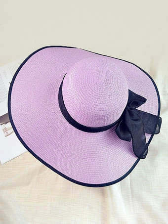 パープル 夏用麦わら帽子 特大つば 日焼け防止 折りたたみ式 ビーチサンハット 女性用 2025