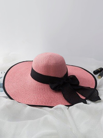 ピンク夏用麦わら帽子 特大つば 日焼け防止 折りたたみ式 ビーチサンハット 女性用 2025