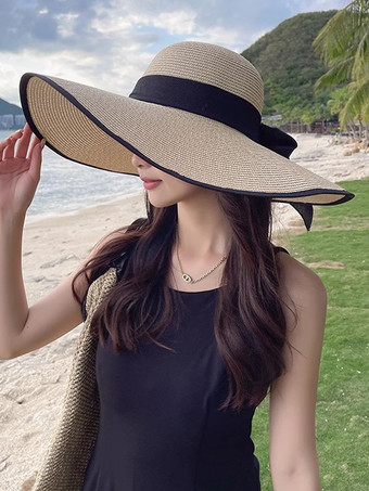 アイボリー 夏用麦わら帽子 特大つば 日焼け防止 折りたたみ式 ビーチサンハット 女性用 2025