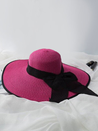 ローズレッド夏用麦わら帽子 特大つば 日焼け防止 折りたたみ式 ビーチサンハット 女性用 2025