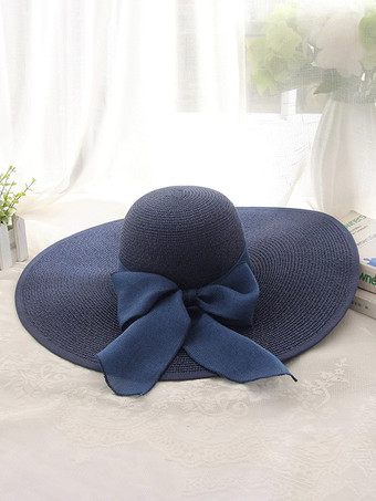 ダークネイビー特大つば夏用麦わら帽子 日焼け防止 折りたたみ式 ビーチサンハット 女性用 2025