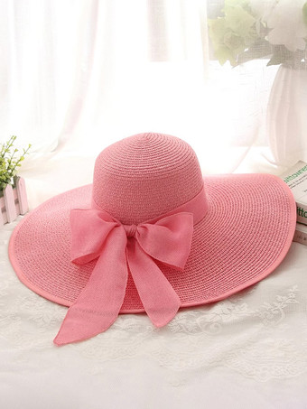 ピンク特大つば夏用麦わら帽子 日焼け防止 折りたたみ式 ビーチサンハット 女性用 2025