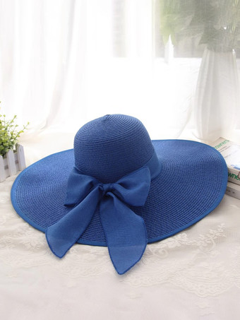 ロイヤルブルー特大つば夏用麦わら帽子 日焼け防止 折りたたみ式 ビーチサンハット 女性用 2025