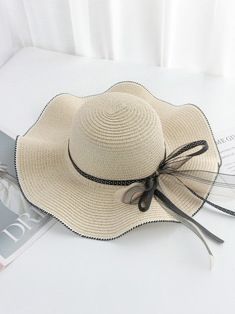アイボリー 蝶結びのつばの大きい麦わら帽子 夏用 日焼け防止 ビーチハット 2025