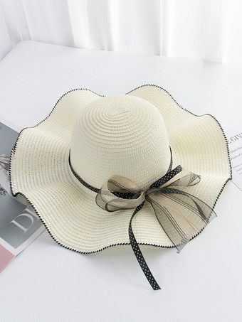 ホワイト 蝶結びのつばの大きい麦わら帽子 夏用 日焼け防止 ビーチハット 2025