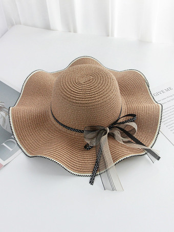 カーキ 蝶結びのつばの大きい麦わら帽子 夏用 日焼け防止 ビーチハット 2025