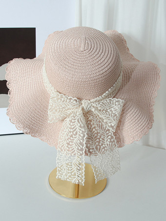 ピンクレースの蝶結びが付いた大きなつばの麦わら帽子 夏用 通気性 日焼け防止 ビーチハット 2025