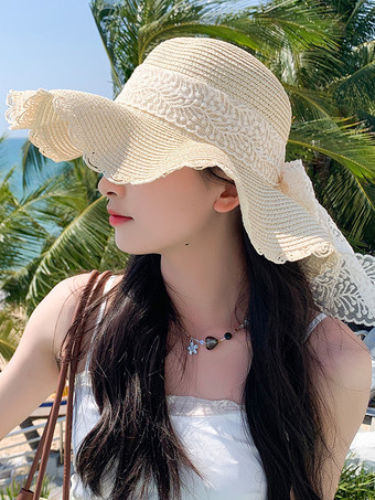 アイボリー レースの蝶結びが付いた大きなつばの麦わら帽子 夏用 通気性 日焼け防止 ビーチハット 2025