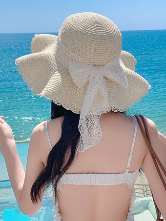 レースの蝶結びが付いた大きなつばの麦わら帽子 夏用 通気性 日焼け防止 ビーチハット 2025