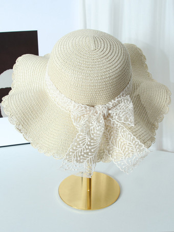 レースの蝶結びが付いた大きなつばの麦わら帽子 夏用 通気性 日焼け防止 ビーチハット 2025