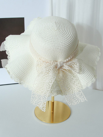 ホワイト レースの蝶結びが付いた大きなつばの麦わら帽子 夏用 通気性 日焼け防止 ビーチハット 2025
