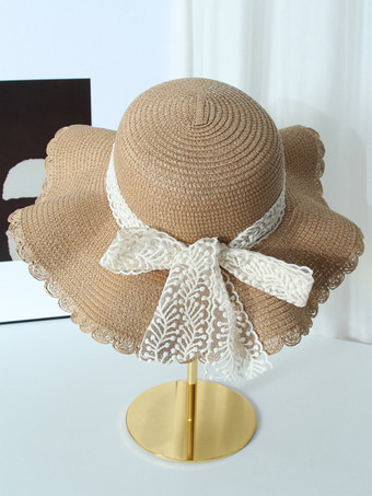 カーキ レースの蝶結びが付いた大きなつばの麦わら帽子 夏用 通気性 日焼け防止 ビーチハット 2025