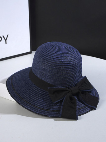 ダークネイビー女性用ボウストローハット 夏 海辺 サンハット 2025