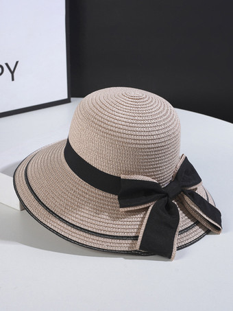 ピンク女性用ボウストローハット 夏 海辺 サンハット 2025