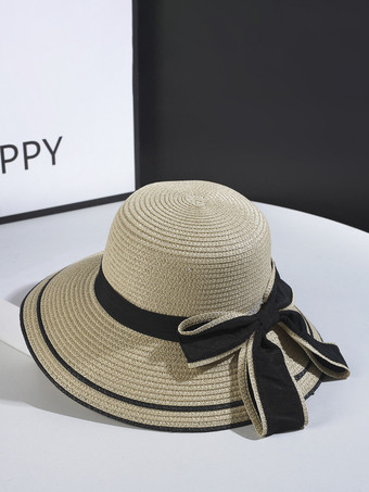 アイボリー 女性用ボウストローハット 夏 海辺 サンハット 2025
