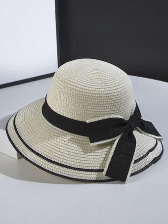ホワイト 女性用ボウストローハット 夏 海辺 サンハット 2025
