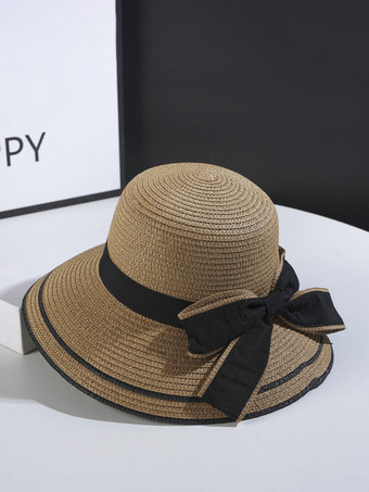カーキ 女性用ボウストローハット 夏 海辺 サンハット 2025