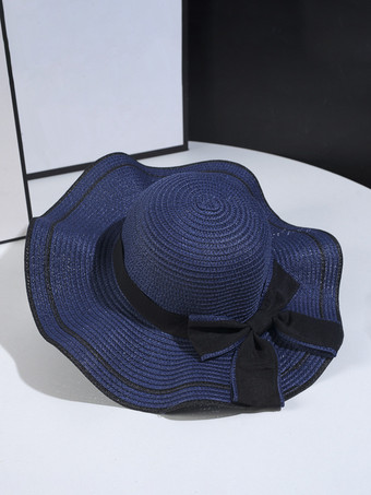 ダークネイビー波型つばの蝶結び麦わら帽子 夏用ビーチサンハット 女性用 2025