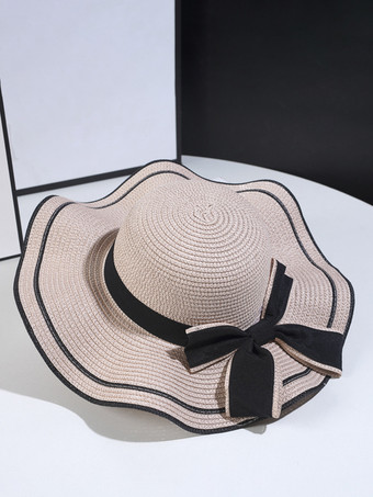 ピンク波型つばの蝶結び麦わら帽子 夏用ビーチサンハット 女性用 2025