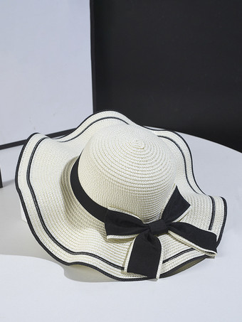 ホワイト 波型つばの蝶結び麦わら帽子 夏用ビーチサンハット 女性用 2025