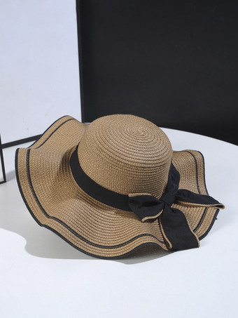 カーキ 波型つばの蝶結び麦わら帽子 夏用ビーチサンハット 女性用 2025