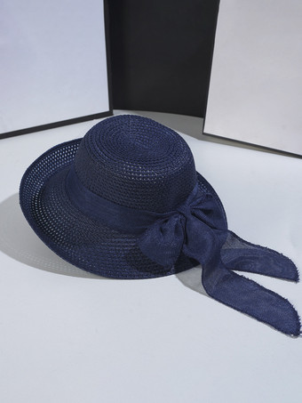 ダークネイビー蝶結びの夏用麦わら帽子 ビーチ折りたたみ式サンハット 女性用 2025