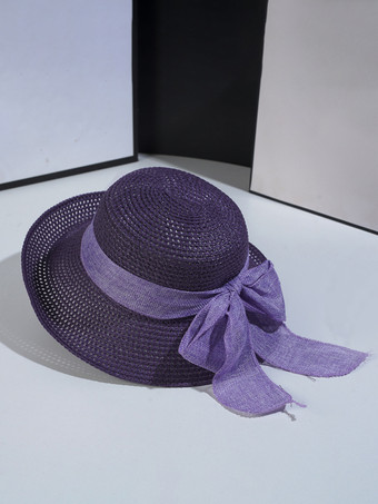パープル 蝶結びの夏用麦わら帽子 ビーチ折りたたみ式サンハット 女性用 2025