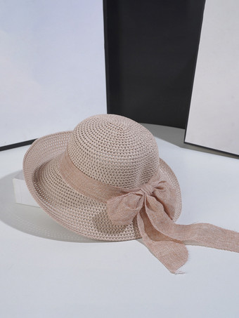 ピンク蝶結びの夏用麦わら帽子 ビーチ折りたたみ式サンハット 女性用 2025