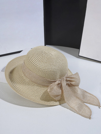 アイボリー 蝶結びの夏用麦わら帽子 ビーチ折りたたみ式サンハット 女性用 2025