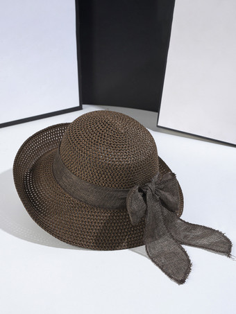 ディープブラウン蝶結びの夏用麦わら帽子 ビーチ折りたたみ式サンハット 女性用 2025