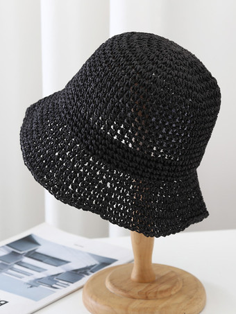 ブラック 小さなつばのバケットハット 日焼け防止 ビーチ編み麦わら帽子 女性用 2025